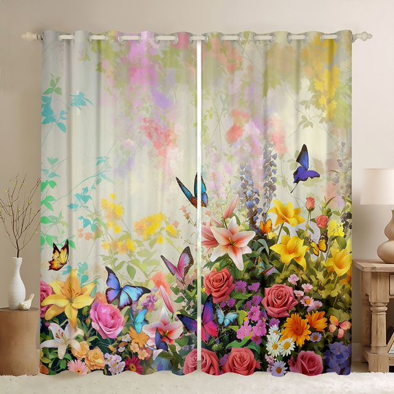 Homewish Spring Garden Flower Black Out Curtains, Rustic Rose Floral Curtains Pack of 2 (42x63 Each), Dreamy Butterfly Bedroom Curtains, Curtains and Drapes Bedroom Decor