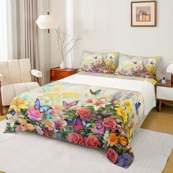 Homewish Spring Garden Flower Queen Sheet Sets, Rustic Rose Floral Flat Sheet, Dreamy Butterfly Queen Fitted Sheet, Ultra Soft Bedroom Decor, 4-Piece