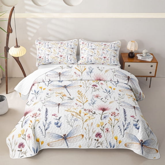 Homewish Spring Garden Flower Twin Quilt Set,Girls Floral Dragonfly Twin Coverlet Set,2pcs