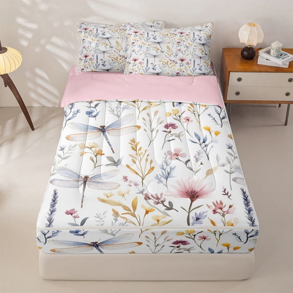Homewish Spring Garden Flower Zipper Twin Comforter Sets with Fitted Sheet and 2 Pillowcases,Girls Floral Dragonfly Zipper Bedding Set,Pink Reversible,4 Pieces