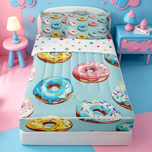 Homewish Sprinkle Donut Dessert Zipper Queen Comforter Set with Fitted Sheet and 2 Pillowcases,Cute Sweet Food Zipper Bedding Set For Girls,Polkadot Reversible,4-Piece