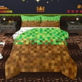 thumbnail image 1 of Homewish Square Checkered Kids Queen Comforter Set, Cartoon Building Gamers Bedding Sets, Brown Green Block Patchwork Reversible Bedding Comforter Set, Luxury Bedroom Decor, 3 Pieces, 1 of 8