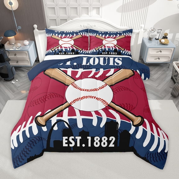 Homewish St.Lous Baseball City Bedding Comforter Set,Red White Blue Twin Comforter Sets,Boys Ball Game Bedding Set For Kids,Luxury Bedroom Decor Reversible,2pcs