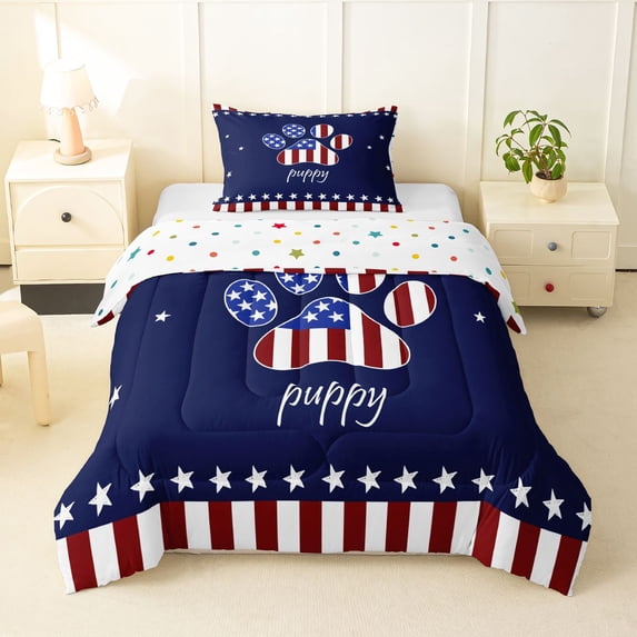 Homewish Star Stripe Paws Twin Comforter Sets,4Th Of July USA Flag Bedding Set,Puppy Print Decor,Polkadot Reversible,2pcs,1 Comforter and 1 Pillowcase