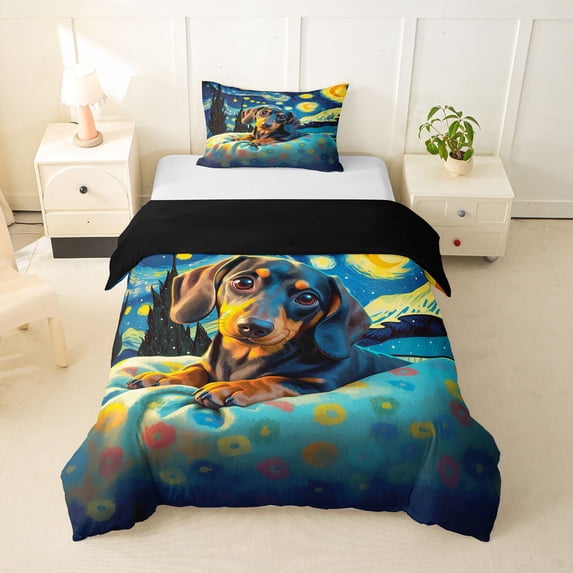 Homewish Starry Night Dachshund Twin Duvet Cover,Cartoon Pet Dog Twin Bedding,Black Reversible,2pcs,1 Duvet Cover and 1 Pillowcase