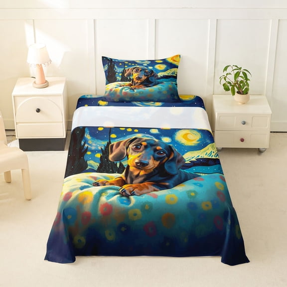 Homewish Starry Night Dachshund Twin Sheets,Cartoon Pet Dog Bedding,3pcs,1 Fitted Sheet and 1 Pillowcase