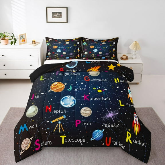 Homewish Starry Sky 2pcs Bedding Comforter Set For Preppy Children Kids,Universe Galaxy Twin Comforter Sets,Cosmos Planet Breathable Bedding Set,Breathable Home Decor,Reversible