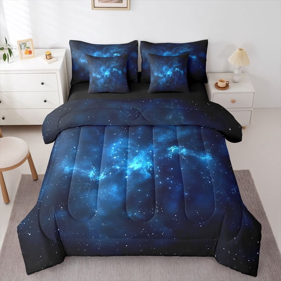 Homewish Starry Sky 7-Piece Bedding Comforter Set For Preppy Children Kids,Universe Galaxy King Bedding Sets,Cosmos Nebula Ultra Soft Bed Sheets,Breathable Home Decor,Reversible