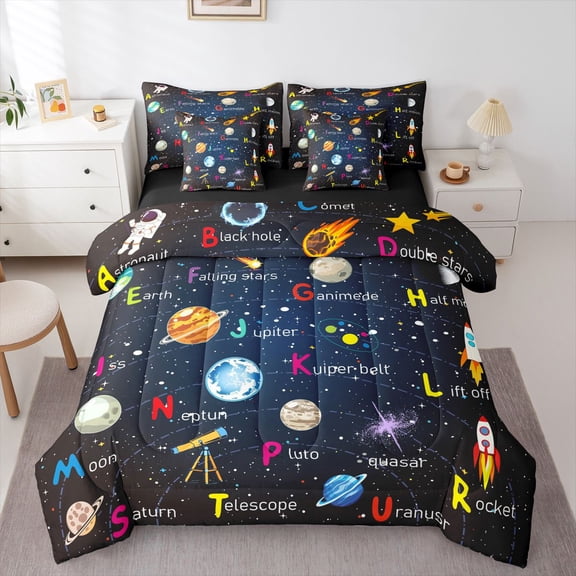 Homewish Starry Sky 7pcs Bedding Comforter Set For Preppy Children Kids,Universe Galaxy Queen Bedding Sets Super Cozy,Cosmos Planet Queen Sheet Sets,Breathable Home Decor,Reversible