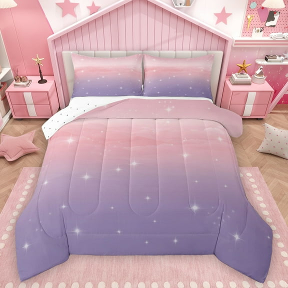 Homewish Starry Sky Full Size Comforter Sets,Ink Painting Aesthetic Bedding Comforter Set,Pink Purple Ombre Bedding Sets For Girls Teens,Microfiber Bedroom Decor Reversible,3 Pieces