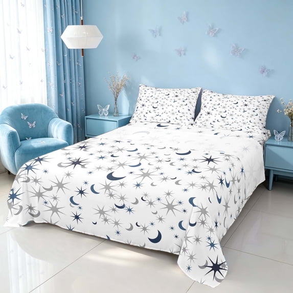 Homewish Stars Moon Bed Sheets, Cartoon Full Size Sheets for Kids, 4 Pieces (1 Flat Sheet, 1 Fitted Sheet and 2 Pillowcases)