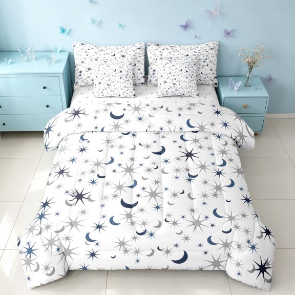 Homewish Stars Moon Twin Bedding, Cartoon Bedding Comforter Set for Kids, Reversible, 7pcs