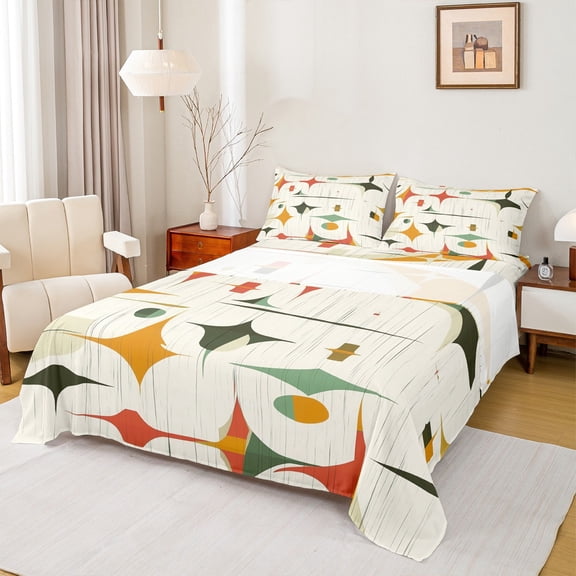Homewish Stars Print 4-Piece Full Size Sheets For Teens Boys Girls,Vintage Aesthetic Bed Sheets,Abstract Geometric Lightweight Sheet Sets,Luxury Bedroom Decor