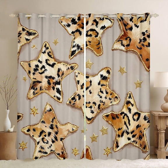 Homewish Stars Print Black Out Curtains For Children Teens Adults,Bling Golden Glitter Curtains Pack of 2 (42x63 Each),Animal Leopard Print Bedroom Curtains,Super Cozy Room Decor