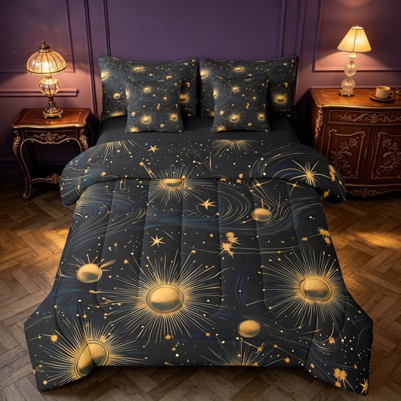 Homewish Stars Sun Twin Bedding, Galaxy Celestial Bedding Comforter Set, Black Reversible 7 Pieces