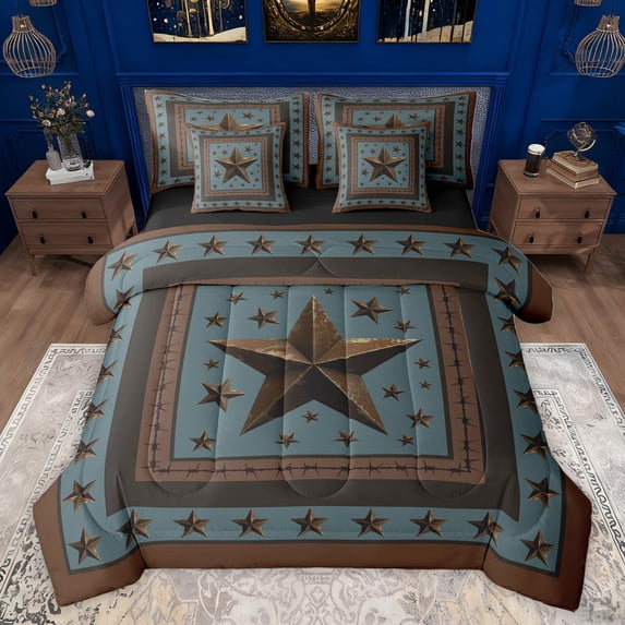 Homewish Steel Blue Texas Stars Bedding Comforter Set 7 Pieces, Bohemian Western Fashion Full Bedding Set, Rustic Farmhouse Reversible Fitted Sheet Flat Sheet, Super Cozy Room Decor