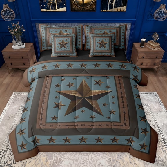 Homewish Steel Blue Texas Stars Twin Bedding Sets 7-Piece, Bohemian Western Fashion Bedding Comforter Set, Rustic Farmhouse Reversible Sheet Sets, Super Cozy Room Decor