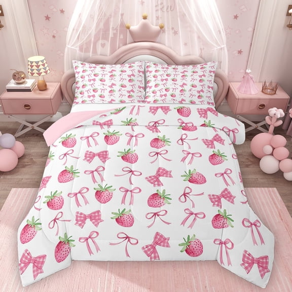 Homewish Strawberry Bow Full Size Comforter Sets 3-Piece for Teens Boys Girls,Geometric Plaid Bedding Comforter Set,Kawaii Cute Bowknot Lightweight Bedding Sets,Breathable Home Decor,Reversible