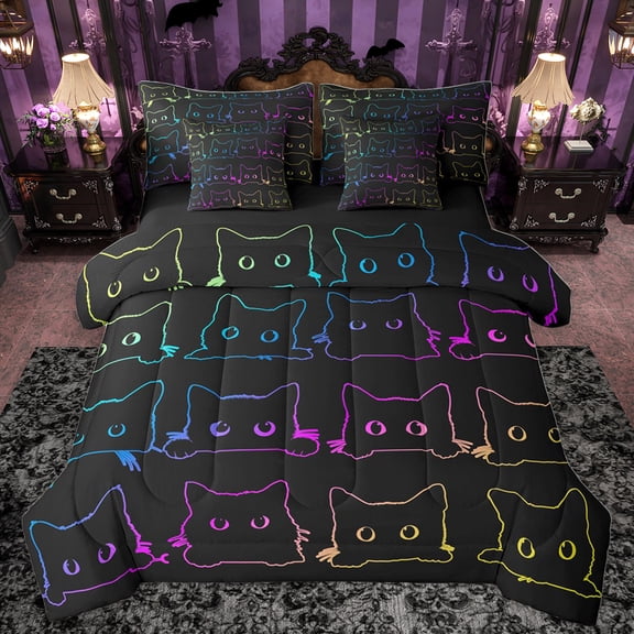 Homewish Stripe Cat Kitten 7pcs Bedding Comforter Set,Cartoon Cat Queen Bedding Sets,Black Pink Yellow Queen Sheet Sets For Kids,Breathable Home Decor Reversible