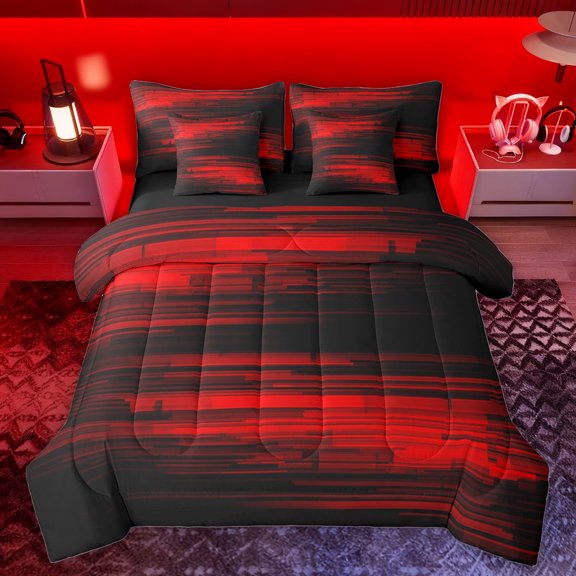 Homewish Stripe Line Pattern 7-Piece Twin Bedding Sets,Modern Abstract Geometric Bedding Comforter Set,Black Red Sheet Sets For Girl Teens,Breathable Home Decor Reversible