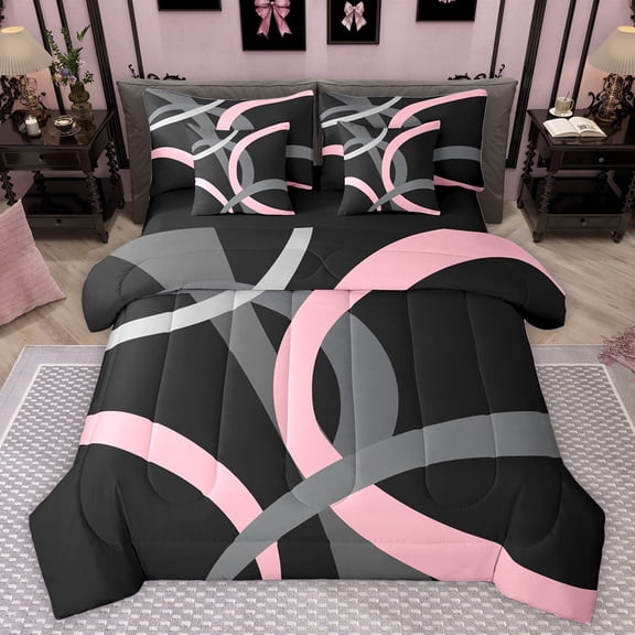 Homewish Stripe Line Pattern 7-Piece Twin Bedding Sets,Modern Abstract Geometric Bedding Comforter Set,Pink Black Gray Sheet Sets For Girl Teens,Breathable Home Decor Reversible