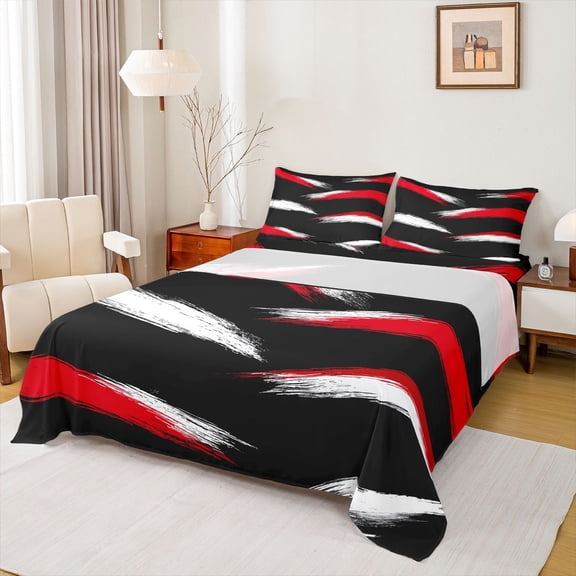 Homewish Stripe Line Pattern Queen Sheet Sets,Modern Graffiti Geometric Flat Sheet,Black Red White Queen Fitted Sheet For Girl Teens,Breathable Home Decor,4 Pieces