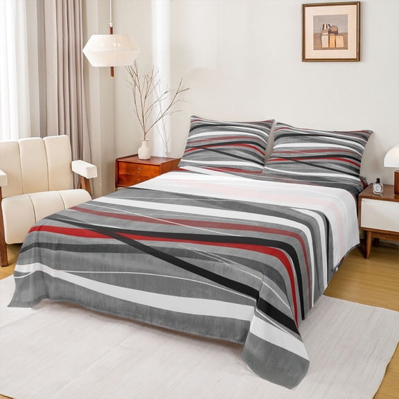 Homewish Stripe Line Pattern Twin Sheet Sets,Modern Abstract Geometric Twin Fitted Sheet,Gray Red White Flat Sheet For Girl Teens,Breathable Home Decor,3-Piece