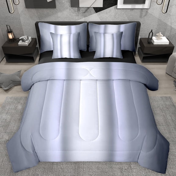 Homewish Stripes Pattern 7-Piece Bedding Comforter Set,Asbtract Minimalist Desgin King Bedding Sets,Gradient White Gray Bed Sheets For Girls Kids,Ultra Soft Home Decor Reversible