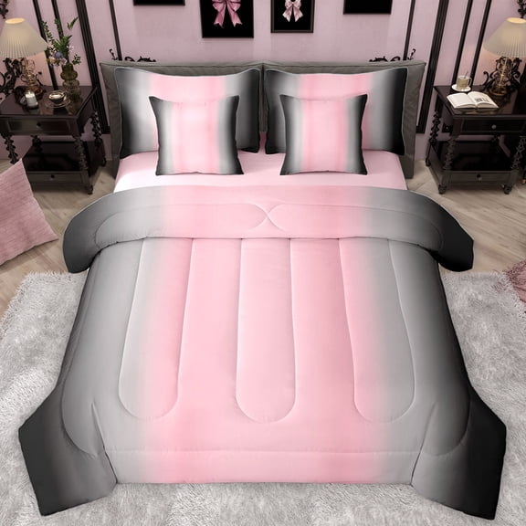 Homewish Stripes Pattern 7-Piece Bedding Comforter Set,Modern Abstract Geometric King Bedding Sets,Pink Gray Black Ombre Bed Sheets For Boys Girls,Breathable Home Decor Reversible