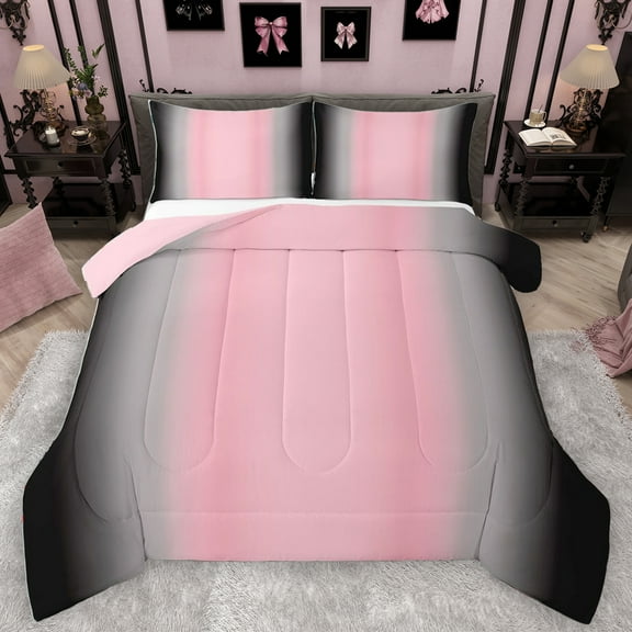 Homewish Stripes Pattern Bedding Comforter Set,Modern Abstract Geometric Twin Comforter Sets,Pink Gray Black Ombre Bedding Set For Boys Girls,Breathable Home Decor Reversible,2 Pieces
