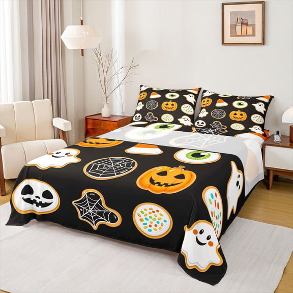Homewish Sugar Cookie Grid Print Queen Sheets for Kids, Ghost Candy Spooky Queen Sheet Sets, 4pcs, 1 Flat Sheet, 1 Fitted Sheet and 2 Pillowcases