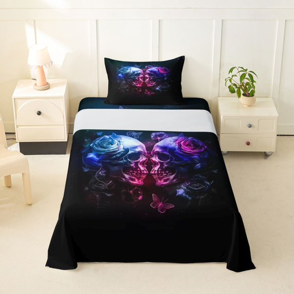 Homewish Sugar Skull Couple Twin Sheets,Happy Halloween Bedding,Pink Blue,3-Piece,1 Fitted Sheet and 1 Pillowcase