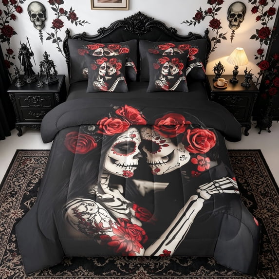 Homewish Sugar Skull Rose Couple Twin Bedding, Red Floral Romantic Print Bedding Comforter Set, Black Reversible, 7-Piece