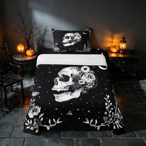 Homewish Sugar Skull Twin Sheets, Celestial Stars Bedding, Black White, 3 Pieces (1 Flat Sheet, 1 Fitted Sheet and 1 Pillowcase)