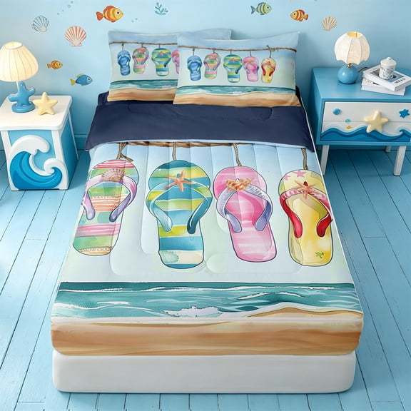 Homewish Summer Beach Flip Flop Sandal Zipper Full Size Comforter Sets with Fitted Sheet and 2 Pillowcases,Coastal Wave Seaside Shell Zipper Bedding Set For Girls,Navy Blue Reversible,4pcs