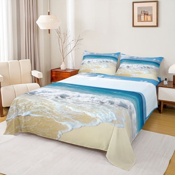 Homewish Blue Summer Beach Queen Sheet Sets, Marine Ocean Waves Girl Boy Bedding, 4pcs