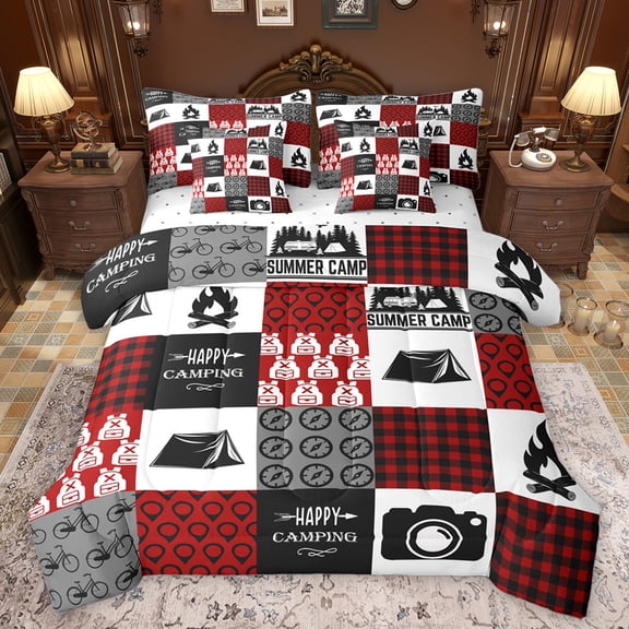 Homewish Summer Camper 7-Piece Twin Bedding Sets,Outdoor Camping Adventure Bedding Comforter Set,Red White Black Sheet Sets For Kids,Breathable Home Decor Reversible