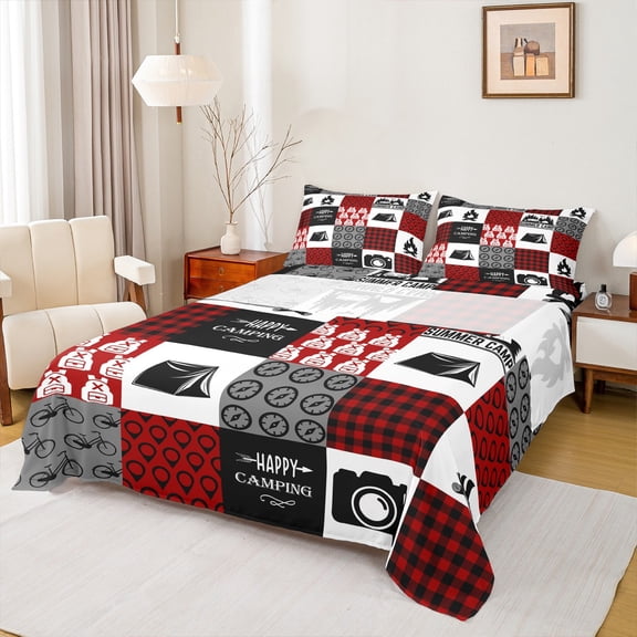 Homewish Summer Camper Queen Sheet Sets,Outdoor Camping Adventure Flat Sheet,Red White Black Queen Fitted Sheet For Kids,Breathable Home Decor,4 Pieces