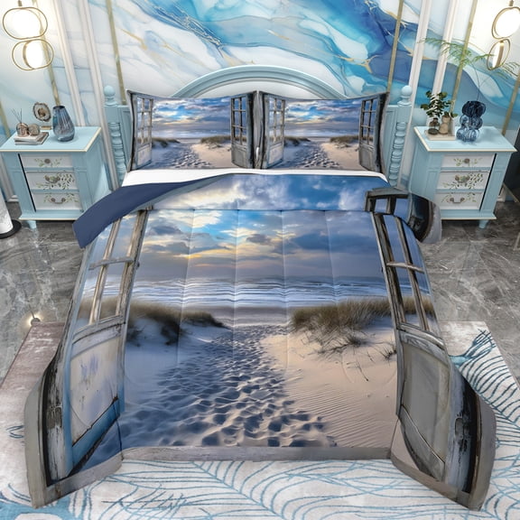 Homewish Summer Ocean Beach Bedding Comforter Set for Adult, Nature Scenery Twin Comforter Sets, Marine Theme Reversible Bedding Set, Super Cozy Room Decor, 2 Pieces