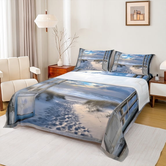 Homewish Summer Ocean Beach Full Size Sheets for Adult, Nature Scenery Bed Sheets, Marine Theme Sheet Sets, Super Cozy Room Decor, 4 Pieces