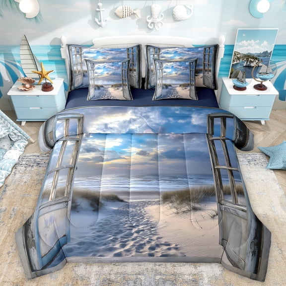 Homewish Summer Ocean Beach Twin Bedding Sets 7-Piece for Adult, Nature Scenery Bedding Comforter Set, Marine Theme Reversible Sheet Sets, Super Cozy Room Decor