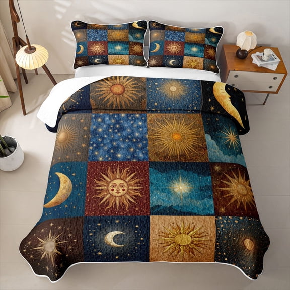 Homewish Sun Moon Patchwork Bed Spread Queen, Hippie Celestial Queen Coverlet Set, 3pcs 1 Quilt and 2 Pillowcases