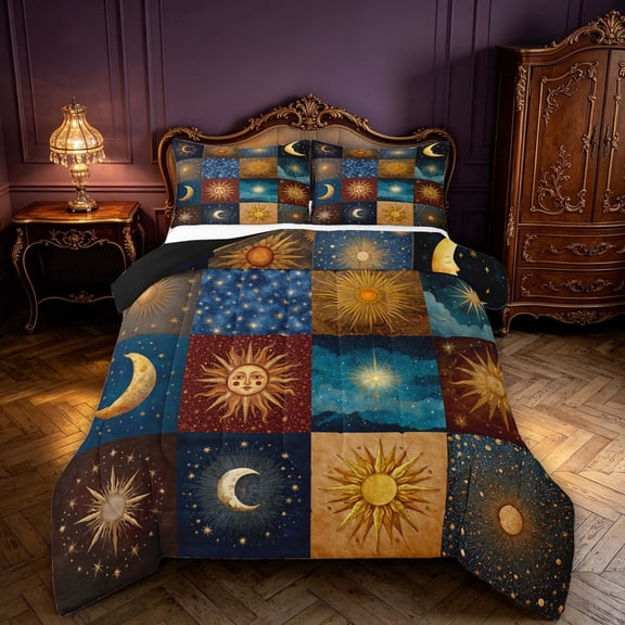 Homewish Sun Moon Patchwork Queen Comforter Set, Hippie Celestial Comforter Sets Queen, Black Reversible 3 Piece, 1 Comforter and 2 Pillowcases