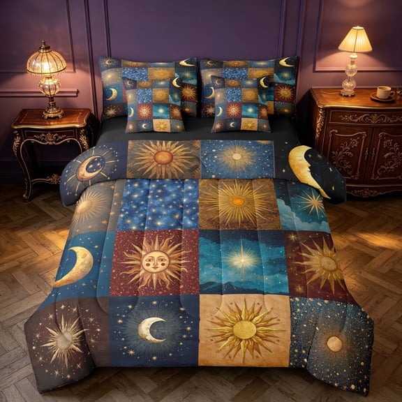 Homewish Sun Moon Patchwork Twin Bedding, Hippie Celestial Bedding Comforter Set, Black Reversible 7-Piece