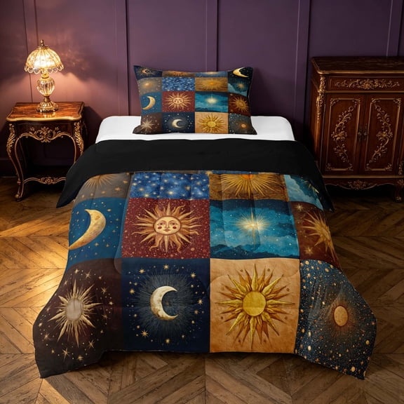 Homewish Sun Moon Patchwork Twin Comforter Sets, Hippie Celestial Bedding Set, Black Reversible 2 Pieces, 1 Comforter and 1 Pillowcase