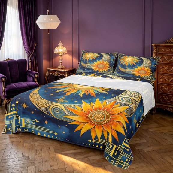 Homewish Sun Moon Stars Bed Sheets, Hippie Galaxy Full Size Sheets, 4pcs, 1 Flat Sheet, 1 Fitted Sheet and 2 Pillowcases