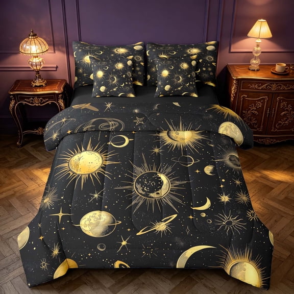 Homewish Sun Moon Stars Twin Bedding, Cosmos Celestial Planet Bedding Comforter Set, Black Gold, Black Reversible 7 Pieces