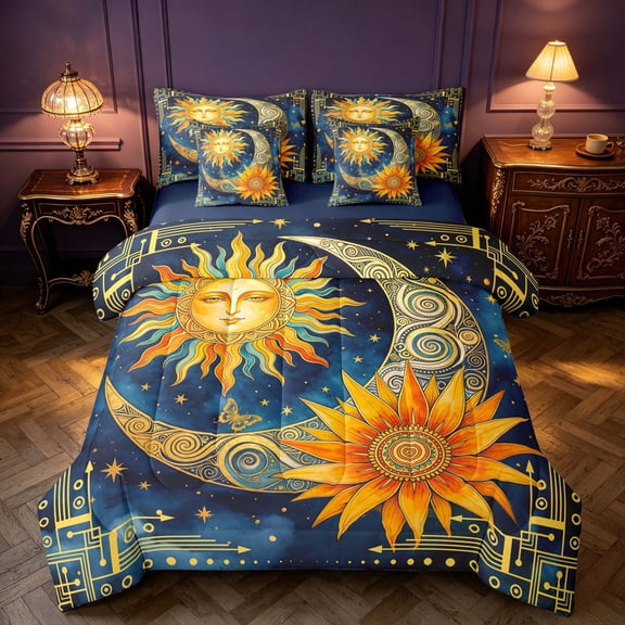 Homewish Sun Moon Stars Twin Bedding, Hippie Galaxy Bedding Comforter Set, Navy Blue Reversible 7-Piece