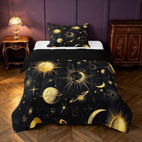 Homewish Sun Moon Stars Twin Comforter Sets, Cosmos Celestial Planet Bedding Set, Black Gold, Black Reversible 2pcs, 1 Comforter and 1 Pillowcase