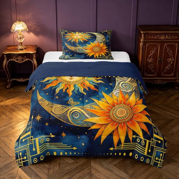 Homewish Sun Moon Stars Twin Comforter Sets, Hippie Galaxy Bedding Set, Navy Blue Reversible 2 Pieces, 1 Comforter and 1 Pillowcase